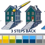 Illustration showing the '3 Steps Back' process with a paintbrush and a house progressively becoming clearer at each step, representing gaining perspective.