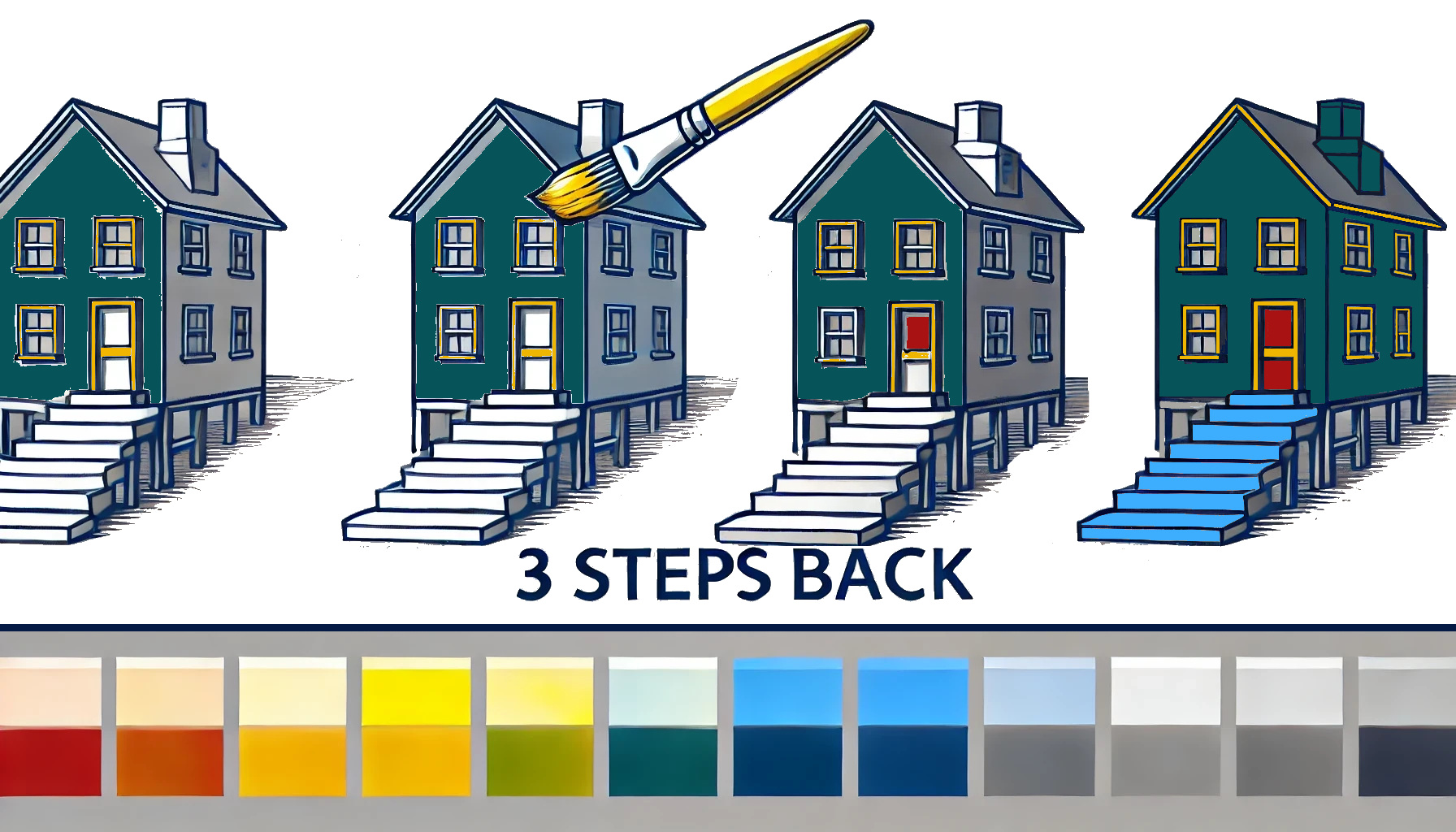 Illustration showing the '3 Steps Back' process with a paintbrush and a house progressively becoming clearer at each step, representing gaining perspective.
