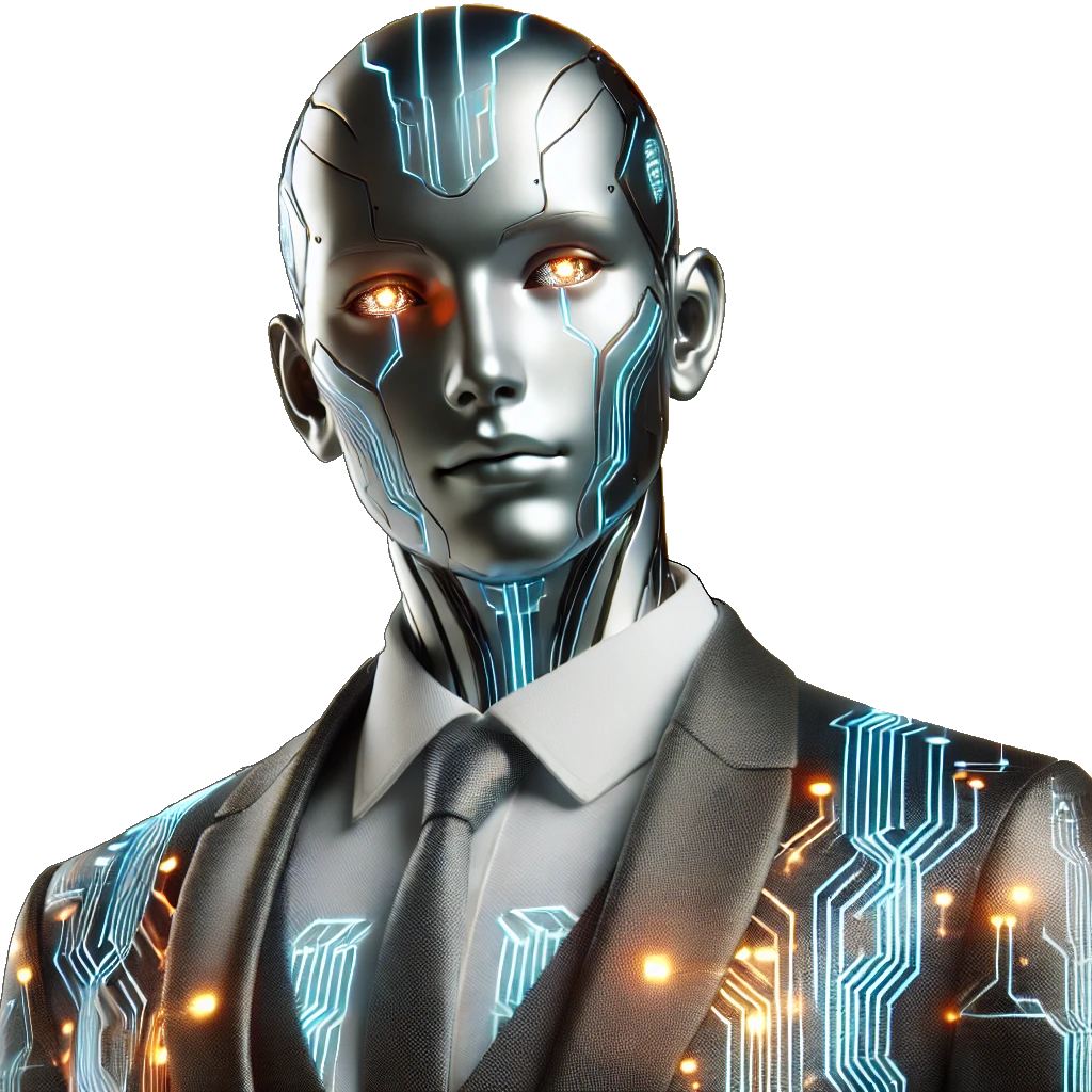 Futuristic AI Scrum Guide Coach with glowing circuits, wearing a suit. Digital-age design with an intelligent, professional expression.