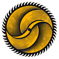 A circular saw blade with prominent yellow highlights, symbolizing the completion of the Scrum Application Workshop and the transformation of raw efforts into refined outcomes.