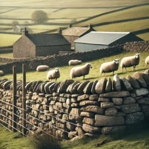 A stone wall in a rural setting with sheep grazing nearby, symbolizing the evolving complexities and requirements in Scrum projects.
