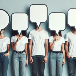 Anonymous Feedback in Scrum - Visual Representation Five people standing side by side, each holding large blank speech bubbles in front of their faces, representing anonymous feedback. The individuals wear white t-shirts and gray or black jeans, standing against a light blue background.