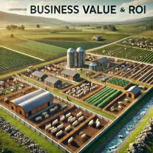 A modern farm layout showing organized sections for livestock and crops, symbolizing measuring business value and ROI in Scrum projects.