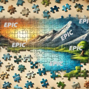 A partially completed jigsaw puzzle showing a landscape transitioning from a mountain to a lake, with pieces labeled as 'story' and sections labeled as 'epic' symbolizing Scrum development. Some puzzle pieces are scattered and incomplete, representing ongoing work.