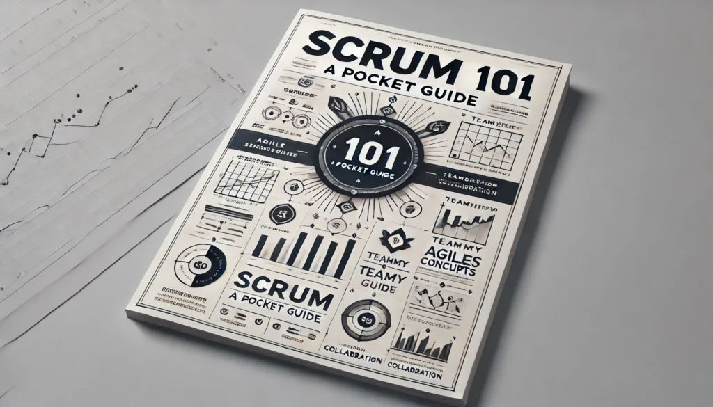 Cover of Scrum 101 Pocket Guide with various diagrams and illustrations representing agile concepts and teamwork.