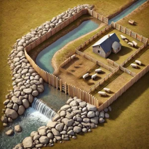 A fortified structure made of stones, wood, and water barriers, symbolizing resource management and adaptability in Scrum.