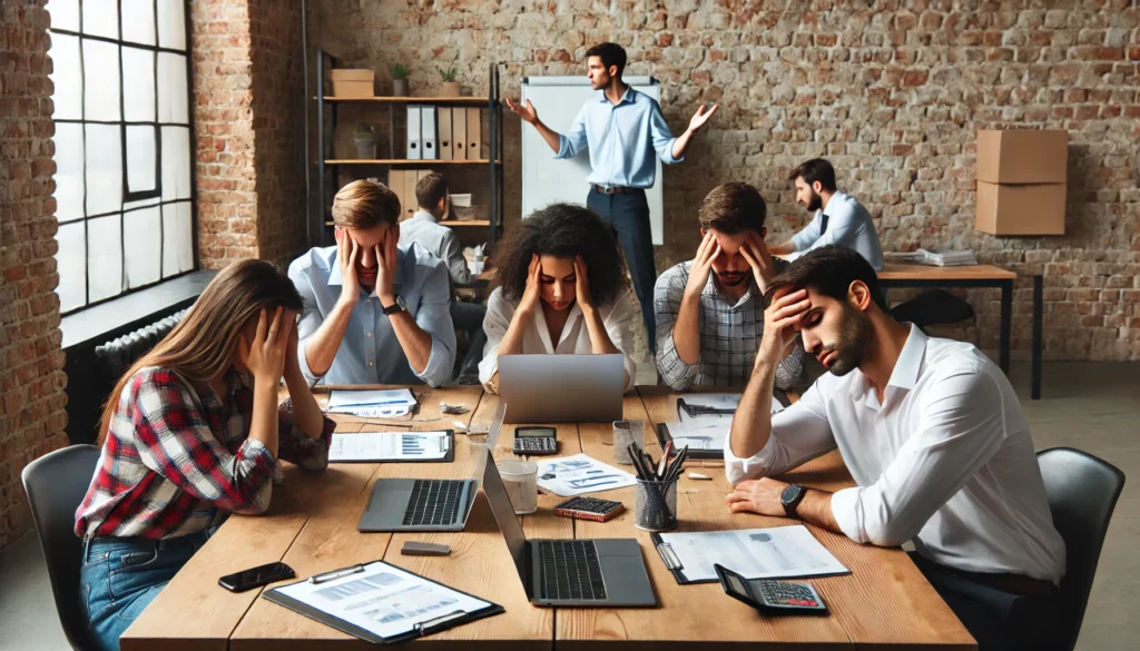 An image depicting six stressed and frustrated office workers sitting around a wooden table with laptops and papers. They are overwhelmed as one person stands at a whiteboard in the background explaining something. The setting is a modern meeting room with exposed brick walls.