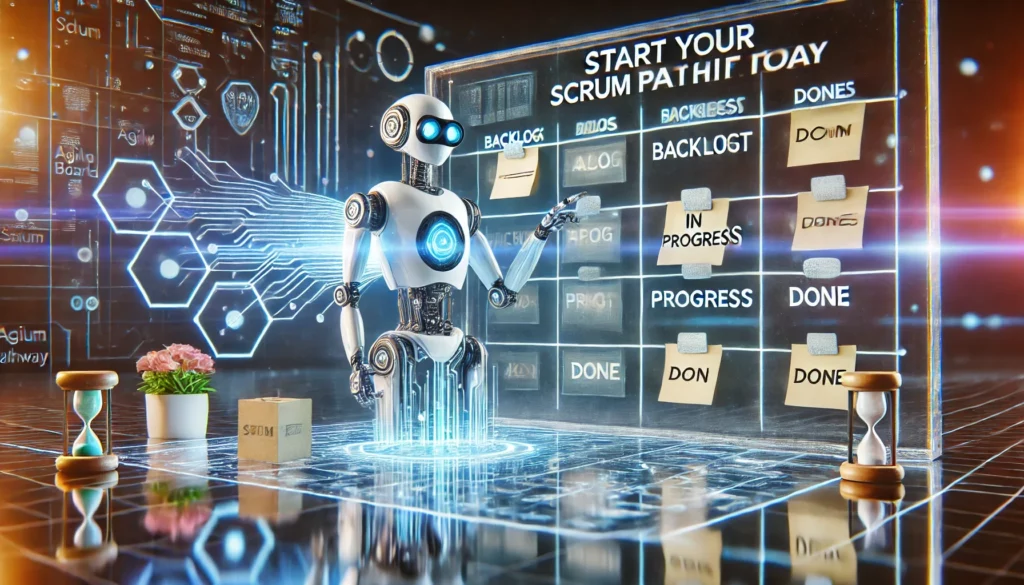 A futuristic AI robot interacting with a digital Scrum board with columns labeled Backlog, In Progress, and Done, representing the agile workflow.