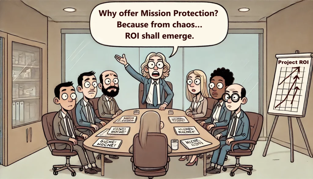 A humorous cartoon showing a Scrum team shielded by 'Mission Protection' from unauthorized work tasks. Various characters representing unapproved work try to break through the shield, while the team works calmly behind it.