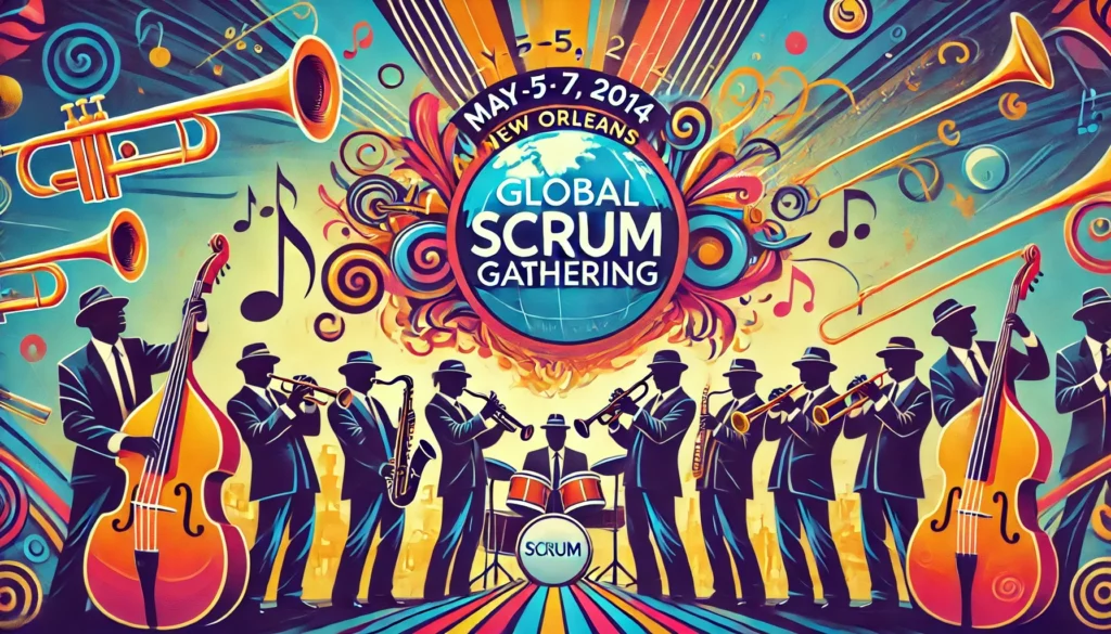 Illustration of jazz musicians performing at the New Orleans Global Scrum Gathering 2014, representing the energy and collaborative spirit of the event.