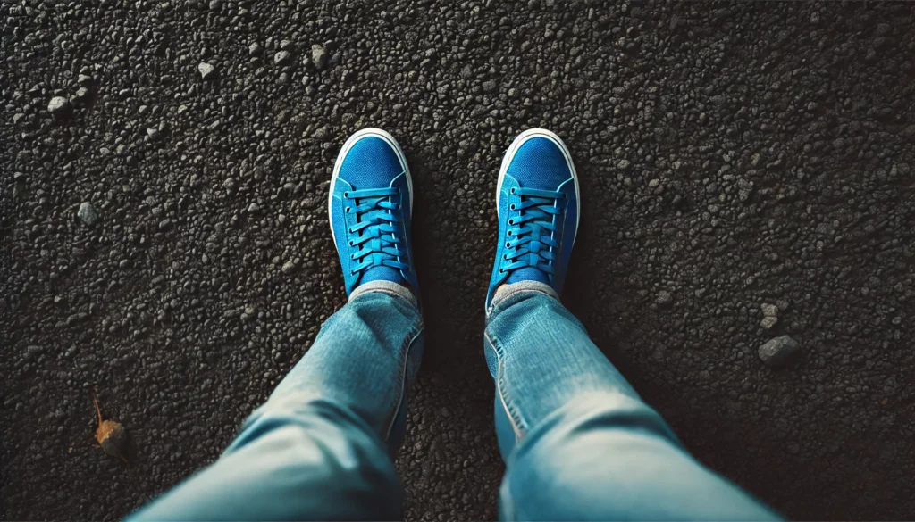 First-person view of someone wearing bright blue sneakers and jeans, standing on a textured, dark ground surface. The shoes are slightly apart, symbolizing a moment of reflection or transition.