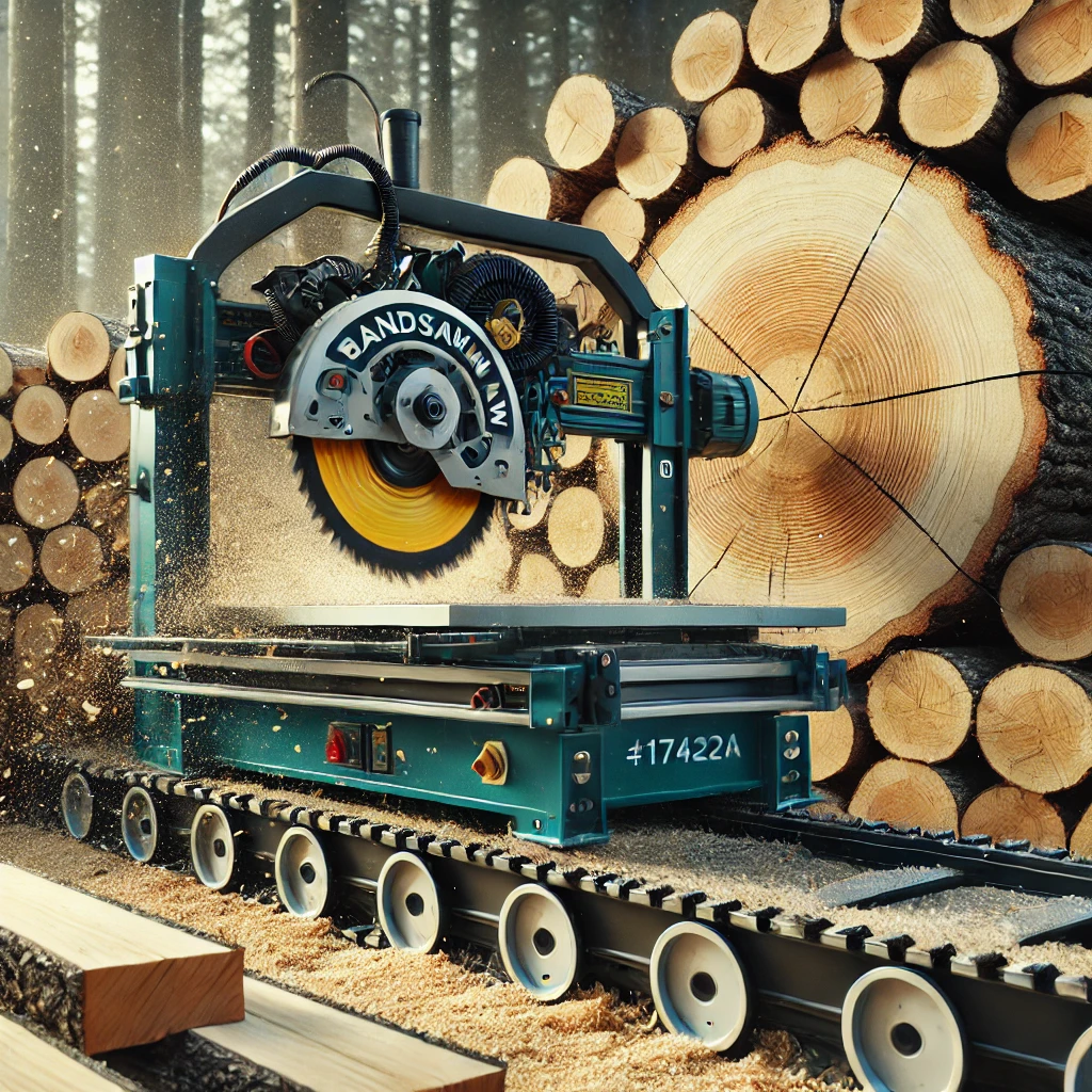 A large portable bandsaw mill cutting through a massive tree trunk, with a neatly stacked pile of freshly cut lumber beside it. The image symbolizes the transformation process, aligning with the workshop's aim to cut through challenges and produce valuable outcomes in Scrum practices.