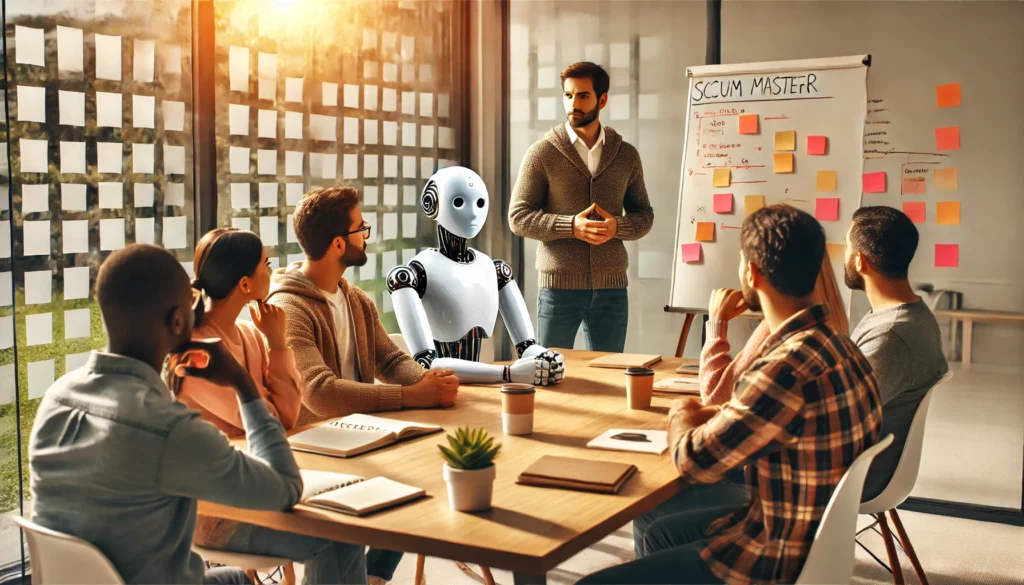 A Scrum Master leading a discussion with team and an AI participant sitting at the table. The team is engaged, watching the Scrum Master, with a whiteboard and sticky notes in the background.