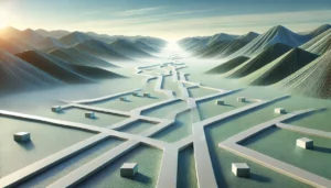 Conceptual image showing diverging paths leading toward mountains, representing different Scrum pathways for growth and achievement.
