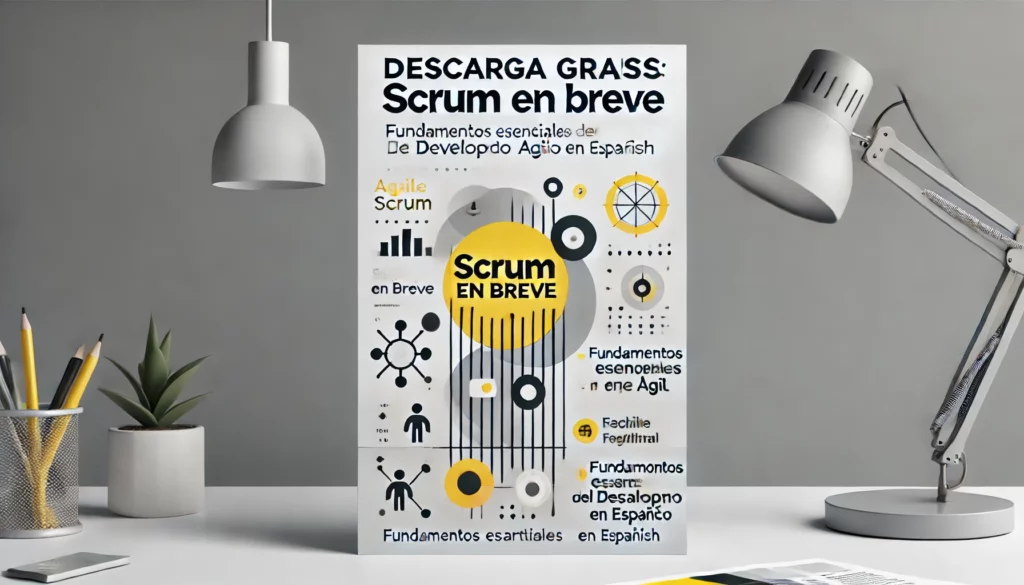 Imagen promocional del folleto gratuito "Scrum en Breve", con elementos gráficos que representan trabajo en equipo y colaboración. El diseño incluye un fondo minimalista en tonos grises y amarillos, resaltando el título principal.