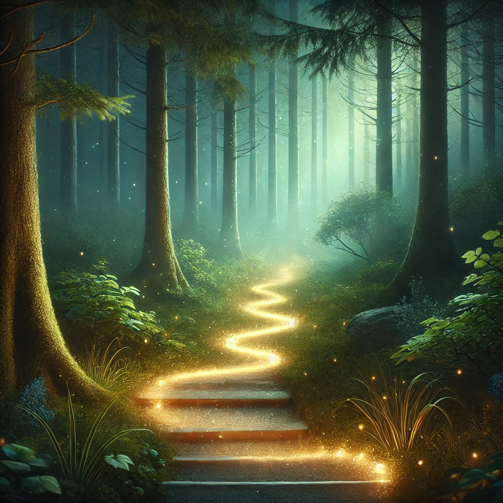 A glowing, mysterious pathway leading through a magical forest, symbolizing a hidden journey or discovery