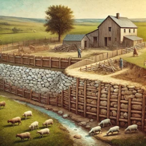 A farm structure built with a stone wall, wooden fences, and a flowing river, symbolizing the transition from complex to complicated work in Scrum.