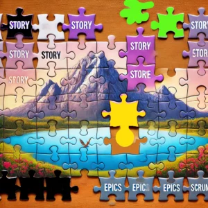 A jigsaw puzzle representing Scrum development, with misshapen, oversized pieces labeled 'story' that don't fit the puzzle. The puzzle also features other pieces labeled 'story' and sections labeled 'epic,' symbolizing how some work items need to be reworked to fit properly.