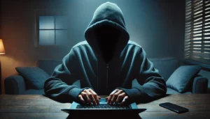 Anonymous Feedback in Scrum Teams A person in a dark hoodie typing on a laptop, symbolizing anonymous feedback in team dynamics. The image reflects secrecy, privacy, and the complexities surrounding anonymous feedback processes.