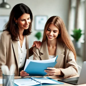 Collaborative Scrum: The Way It Is Supposed to Be Two women collaborating at a desk in a modern office setting. One holds a blue folder while both review documents together, smiling. A laptop is open on the desk, indicating a professional, teamwork-oriented environment.