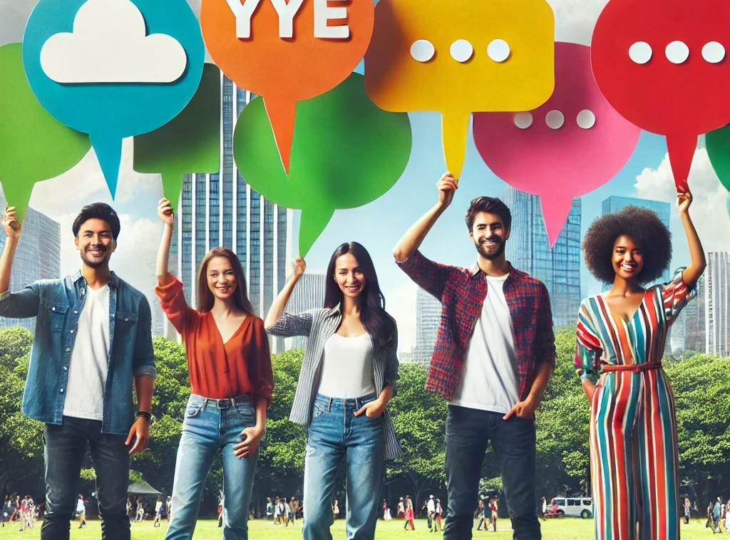 A diverse group of five people standing outdoors, each holding colorful speech bubbles above their heads. The speech bubbles vary in shapes and bright colors, symbolizing communication and ideas. The group is smiling, standing in front of a green park with a city skyline in the background, reflecting collaboration and teamwork.