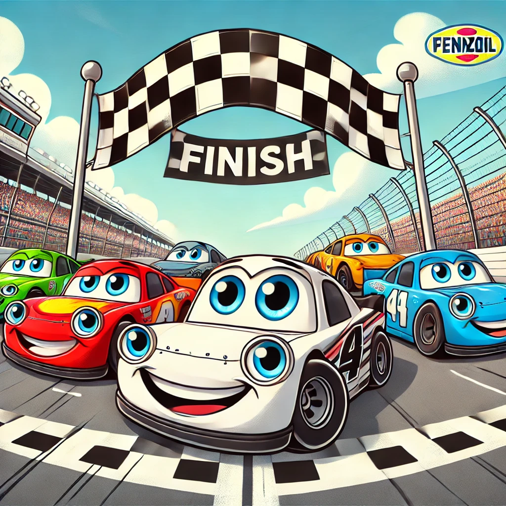 Cartoon-style race cars with smiling faces crossing a finish line under a checkered flag, representing the concept of finishing or ending a sprint.