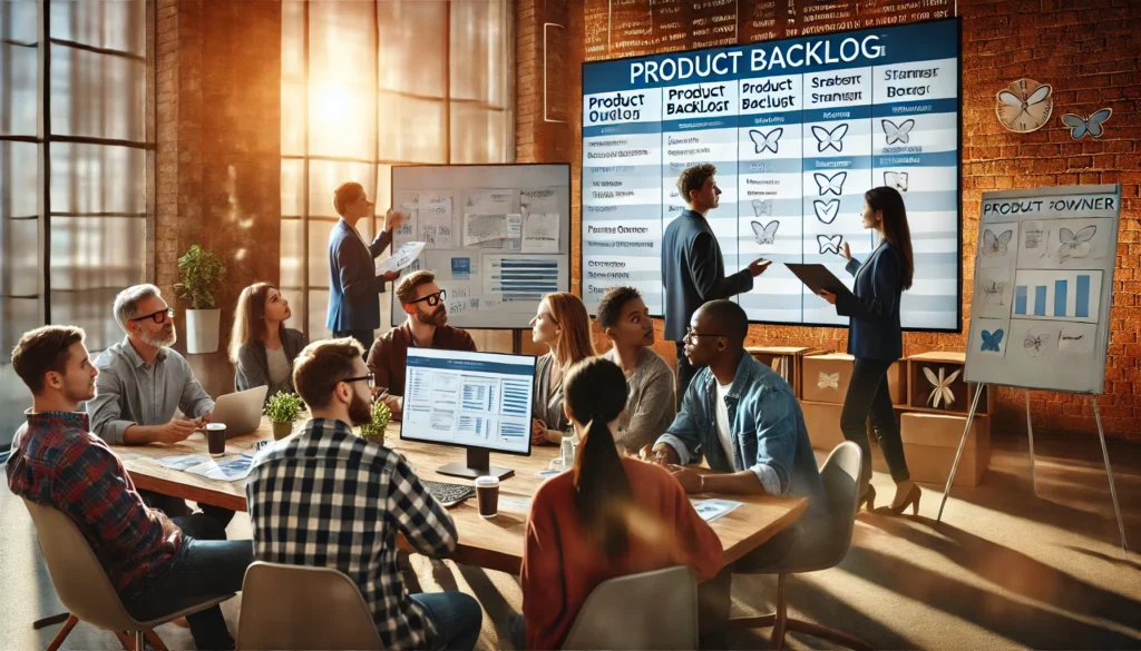 A diverse agile team collaborating in a modern office environment with a Product Owner leading a discussion. Team members are gathered around a table, engaging with digital screens displaying a Product Backlog and strategic planning charts, symbolizing teamwork and the roles of Product Owner and Product Ownership in Scrum