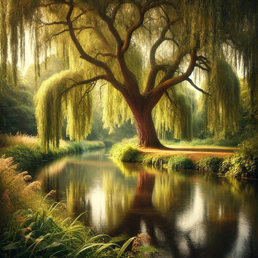 Weeping willow tree hanging over a calm river, representing the adaptable, reflective nature of Scrum within the agile landscape.