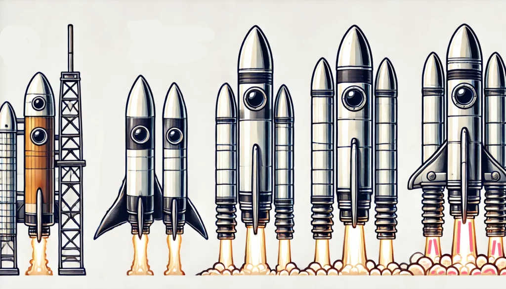 Illustration of three SpaceX-style rockets in a row, showing the evolution from a basic design to a sleek, futuristic rocket, symbolizing iterative improvement and continuous advancement.