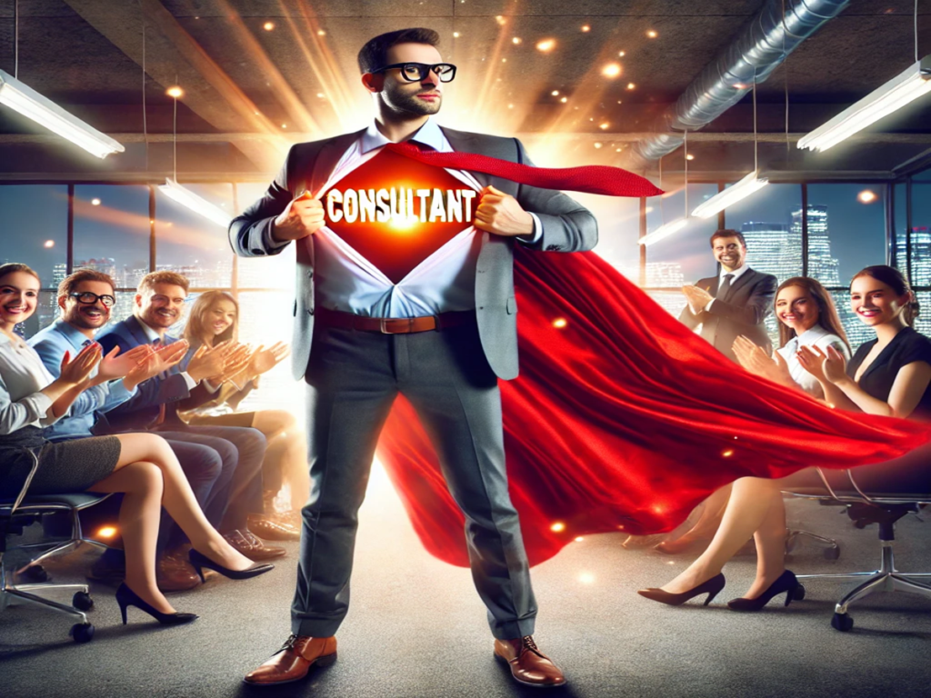 Superhero in a business suite opening his shirt to reveal the word "Consultant."