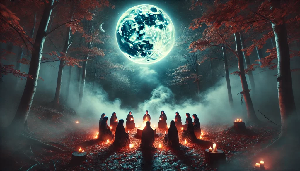 A mystical forest scene with a circle of robed figures holding candles around a glowing ritual stone, symbolizing Ritualized Scrum practices.