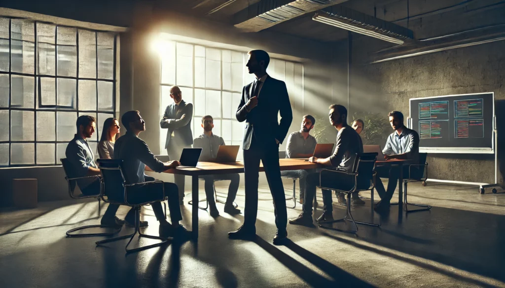 Illustration of a Product Owner standing tall near a window, casting a shadow over a team of developers seated in a modern team room. The developers appear frustrated and disengaged, emphasizing the dynamic of authority and lack of autonomy.