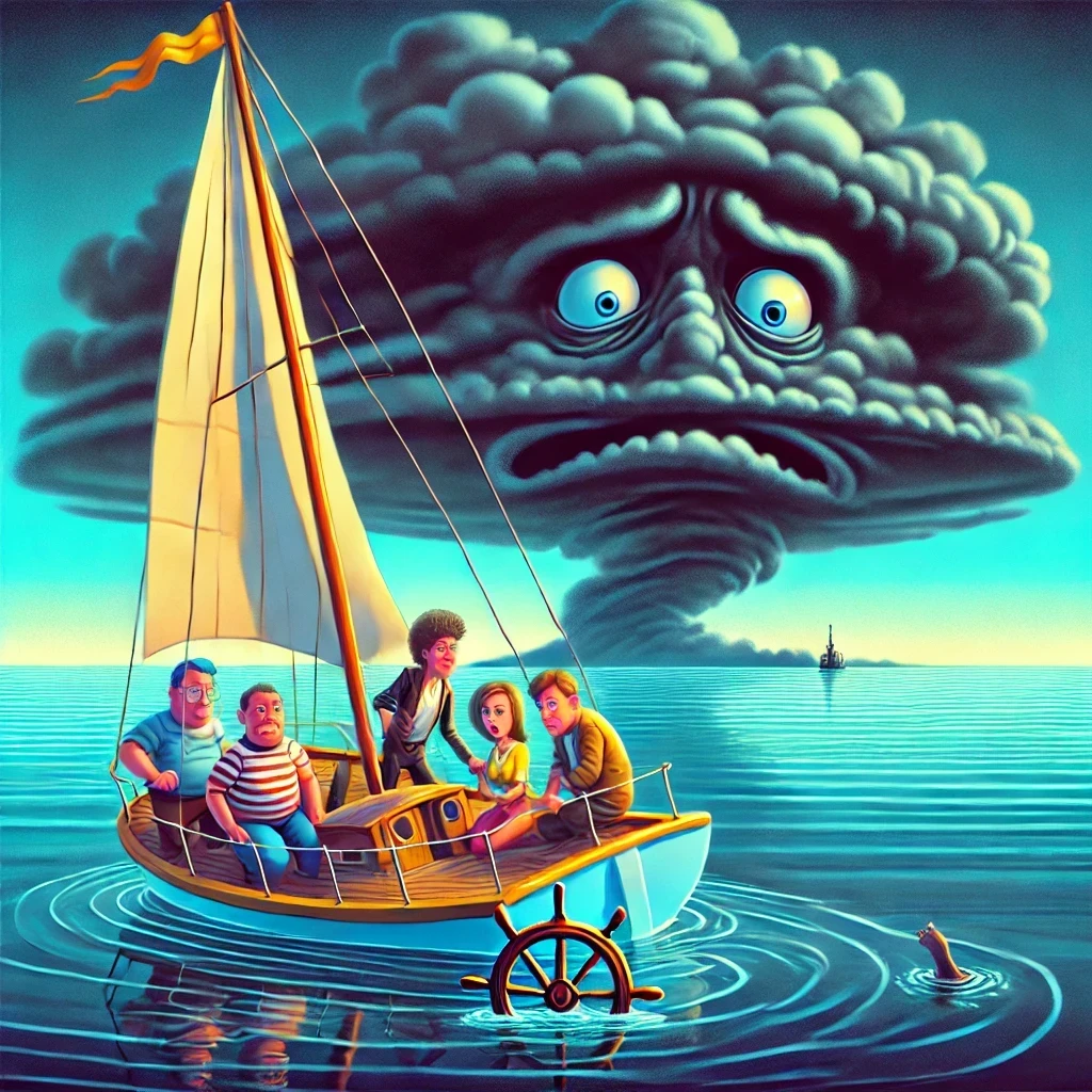 A cartoon-style illustration of a sailboat adrift in calm, flat ocean water, missing its rudder. The worried crew of five displays exaggerated expressions of fear and confusion. On the horizon, a dark storm looms with ominous clouds shaped like a menacing face, symbolizing looming challenges and dysfunction.