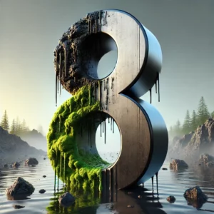 A 3D rendering of the number 8 rising from a creepy swamp, with the bottom half covered in moss and weathered, transitioning into a clean and shiny metallic top in a bright atmosphere.