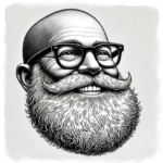 Black and white illustration of a bearded man with glasses, smiling. The avatar represents Dan in a Can, an AI Scrum assistant for 3Back.